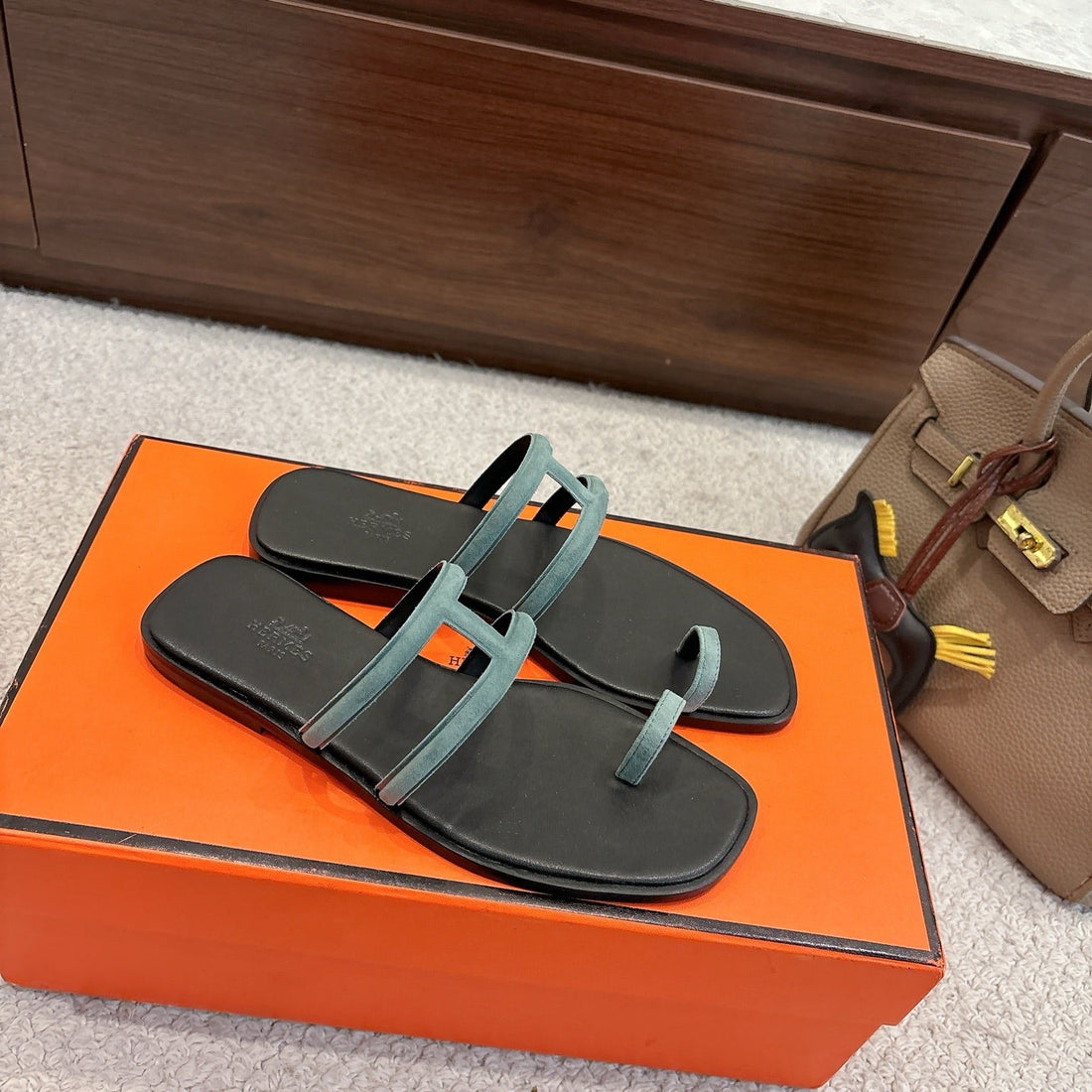 Hermes Georgia Sandals Sage Green In Suede 685982