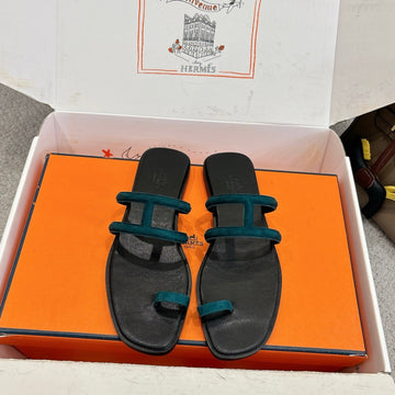 Hermes Georgia Sandals Deep Turquoise In Suede 685980
