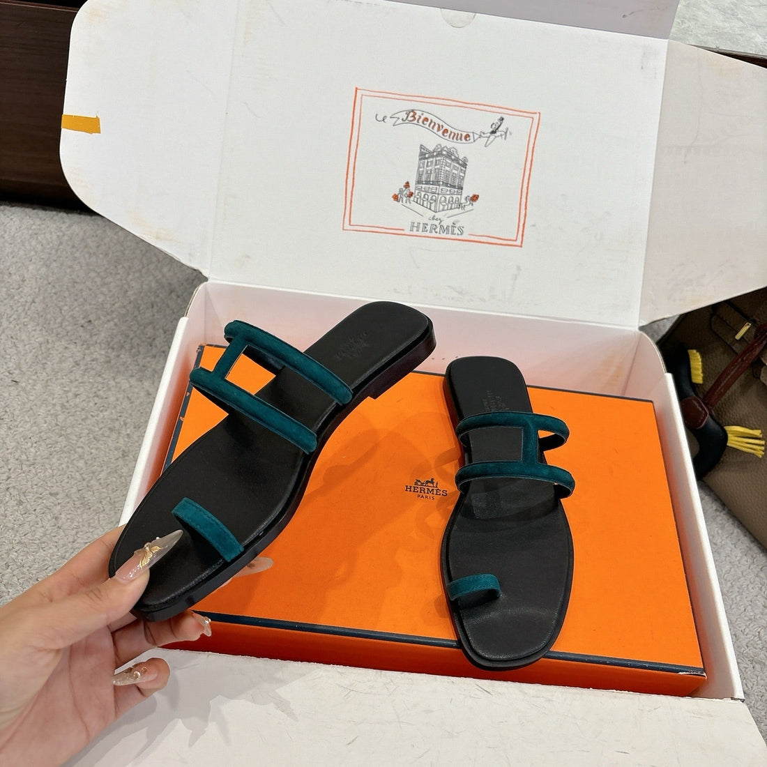 Hermes Georgia Sandals Deep Turquoise In Suede 685980