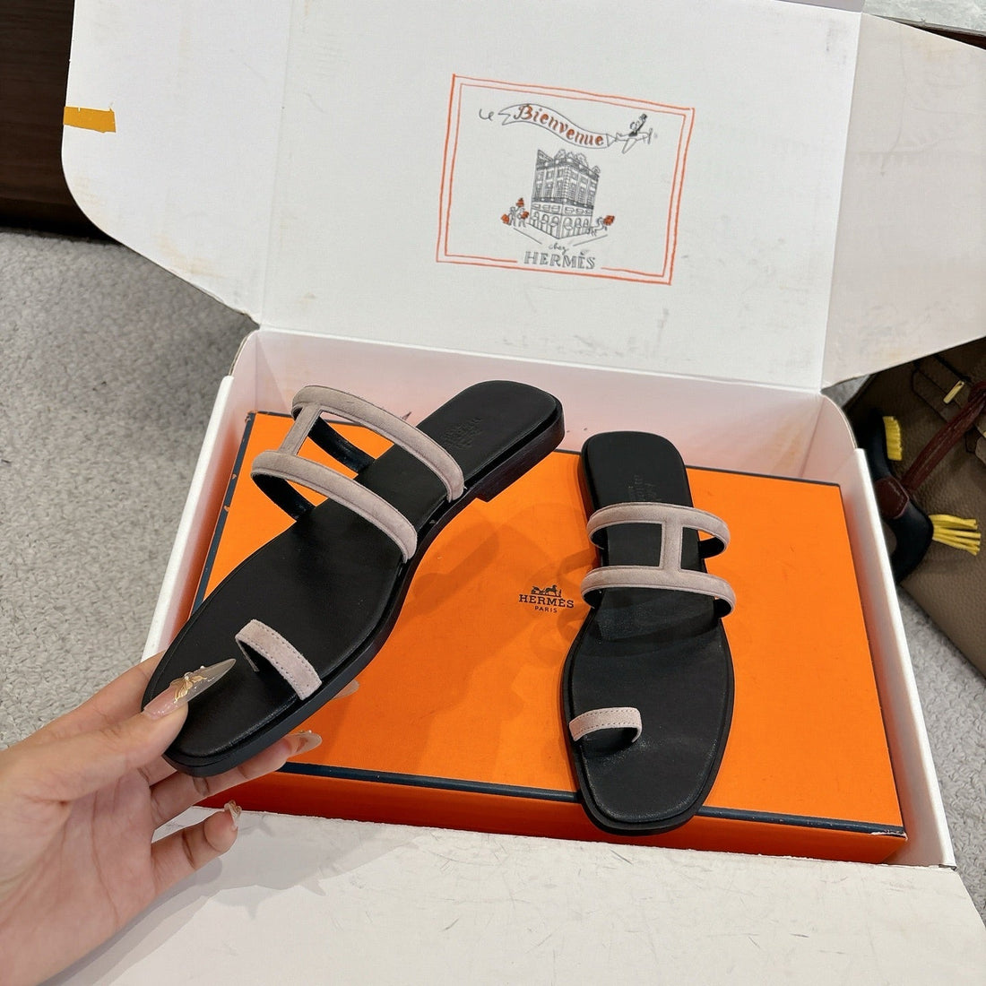 Hermes Georgia Sandals Taupe In Suede 685979