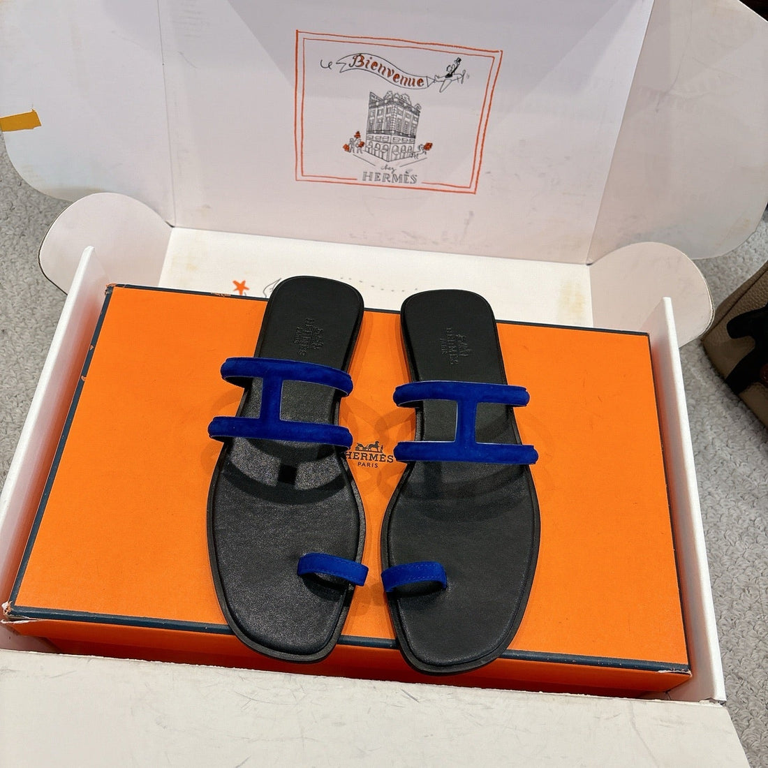 Hermes Georgia Sandals Dark Blue In Suede 685978