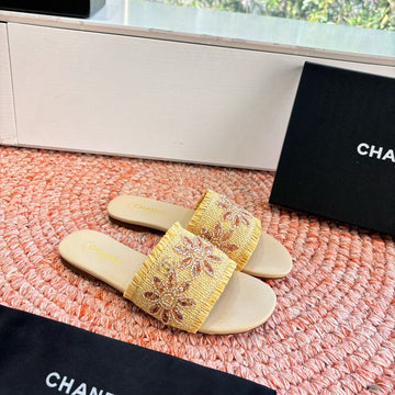 Chanel Bouclé Sandal Straw Yellow In Fabric Sheepskin 685950