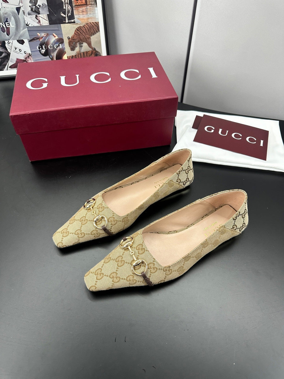Gucci 26 Vittoria Horsebit GG Canvas Ballet Flats Brown In Leather 688312