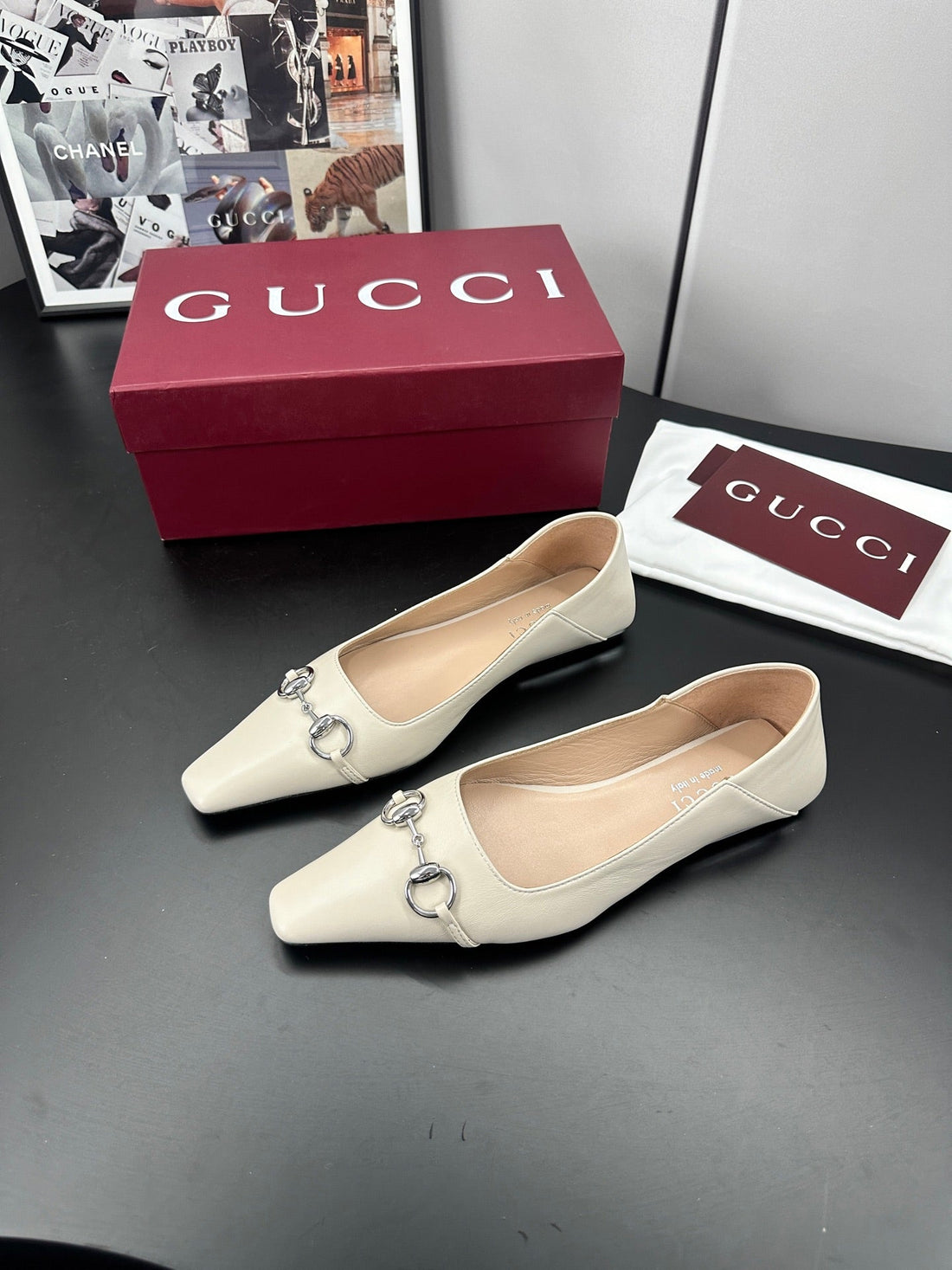 Gucci 26 Vittoria Horsebit Ballet Flats White In Leather 688311