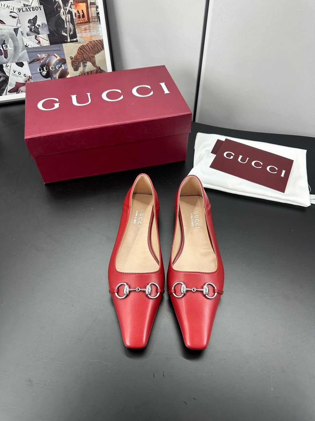 Gucci 26 Vittoria Horsebit Ballet Flats Red In Leather 688310