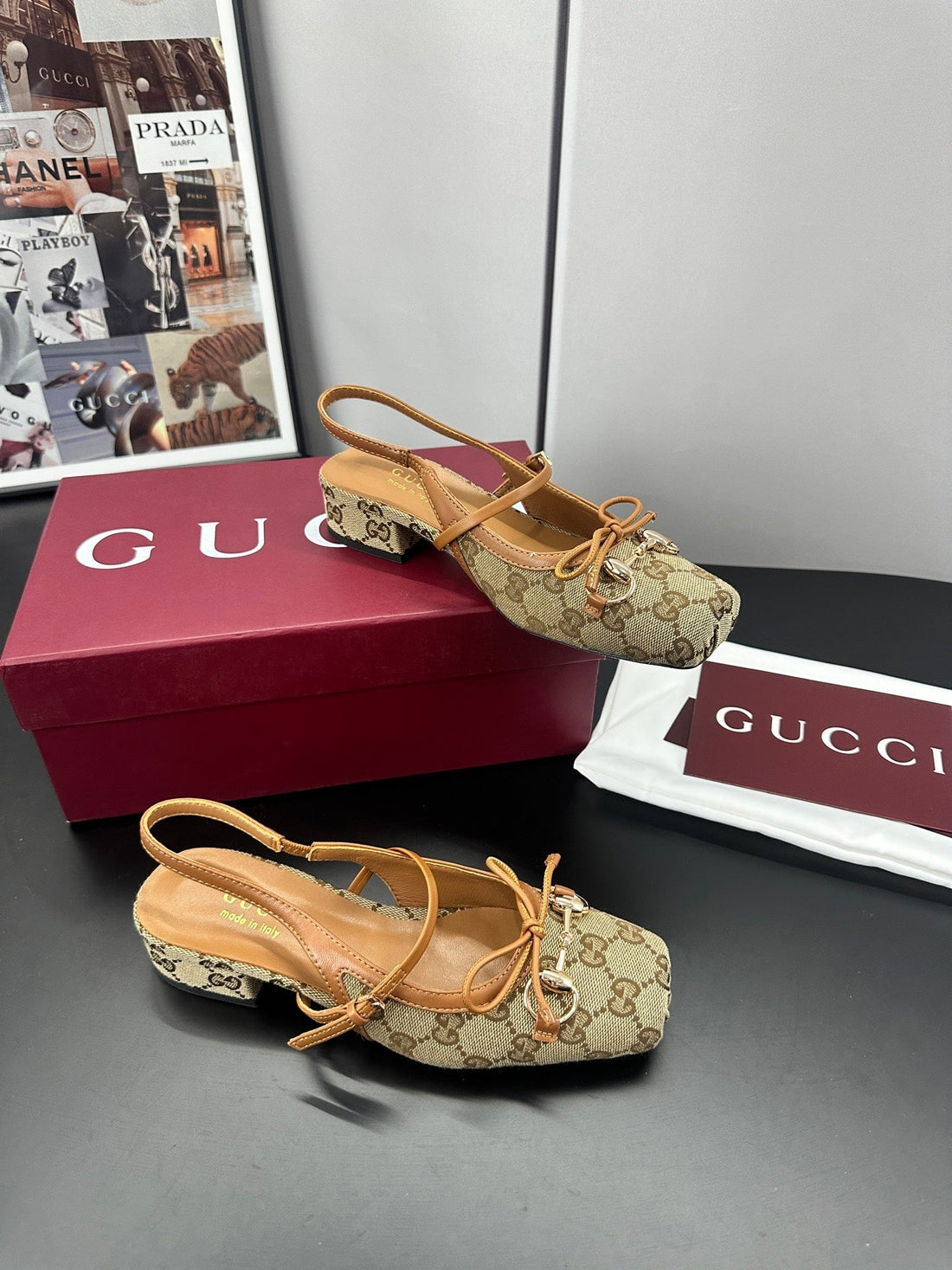 Gucci Horsebit Slingback Brown In Denim 688319