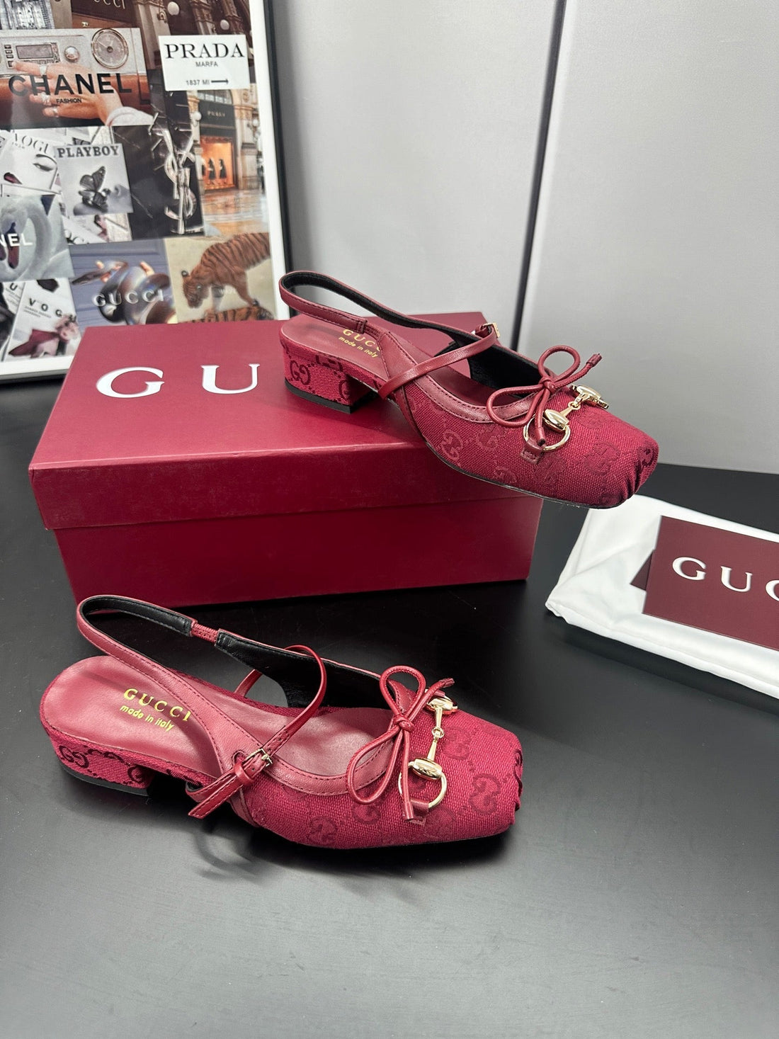Gucci Horsebit Slingback Red In Denim 688316