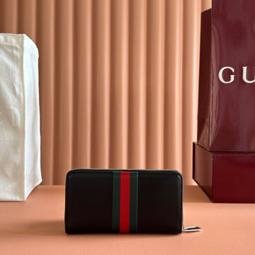 Gucci Web Trademark Zip Around Wallet Black In Cowhide 284918