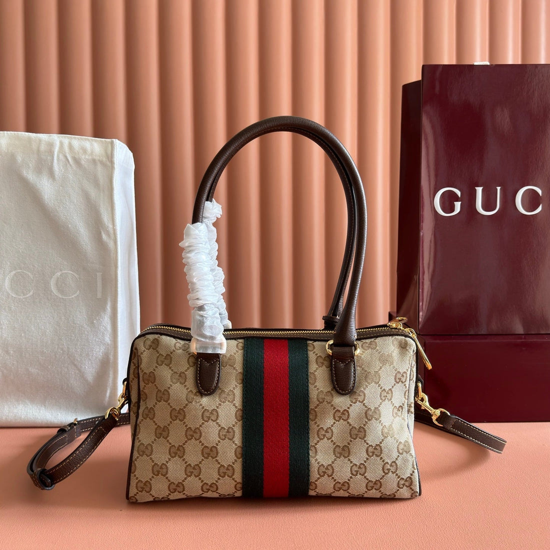 Gucci Ophidia 28 Boston Bag Brown In Canvas 284940
