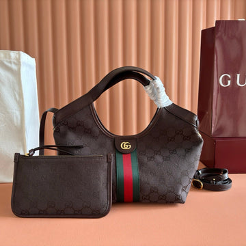 Gucci Giglio Tote Bag 25 Dark Brown In Lustrous Coated GG Fabric 284948