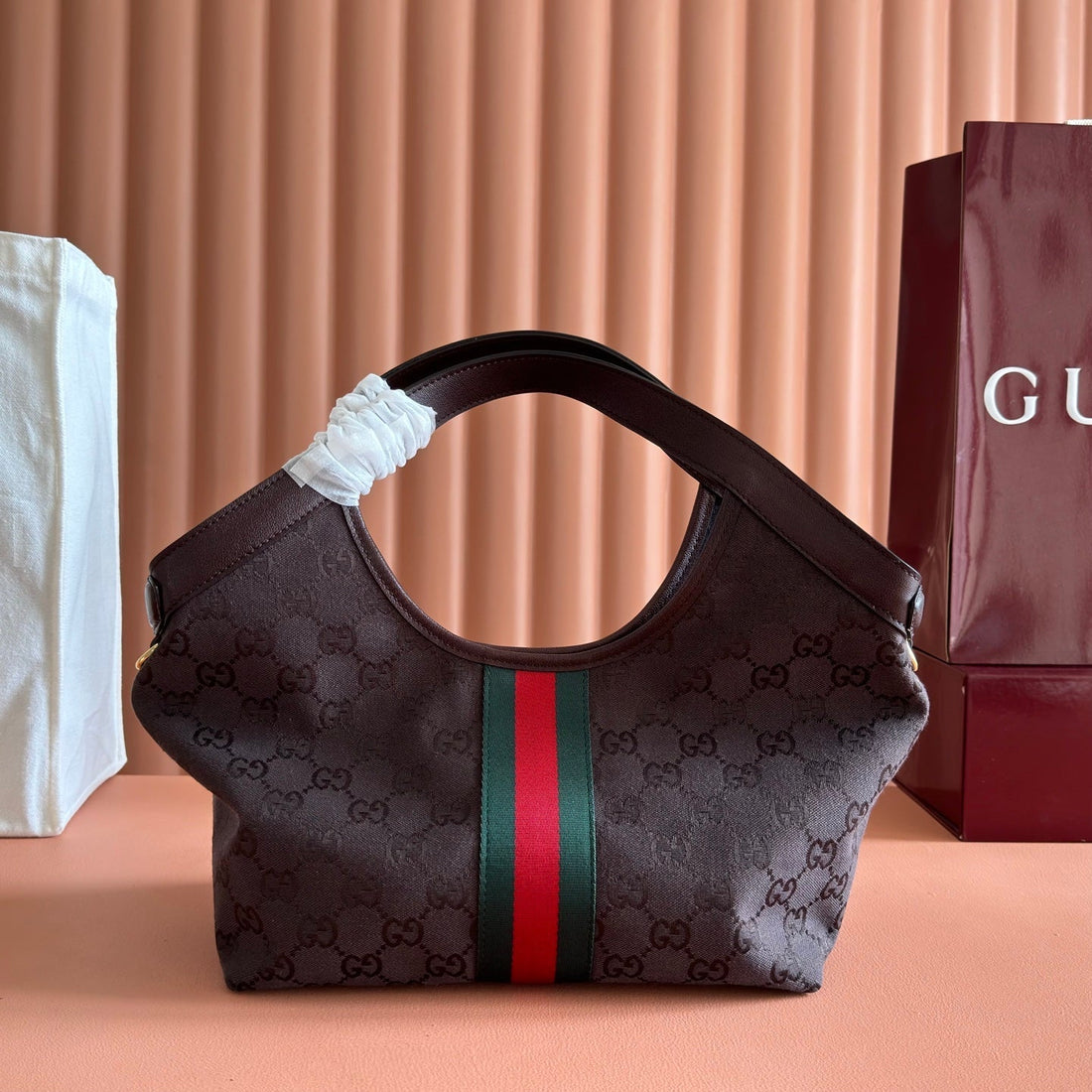 Gucci Giglio Tote Bag 25 Dark Brown In Lustrous Coated GG Fabric 284948