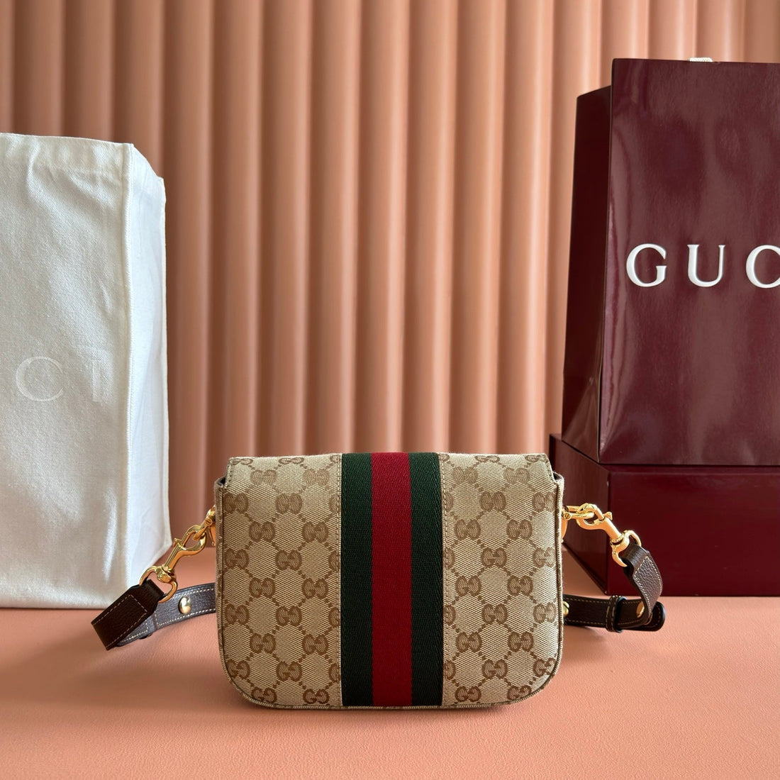 Gucci 26 Horsebit Crossbody Bag 21CM Brown In Canvas 285030