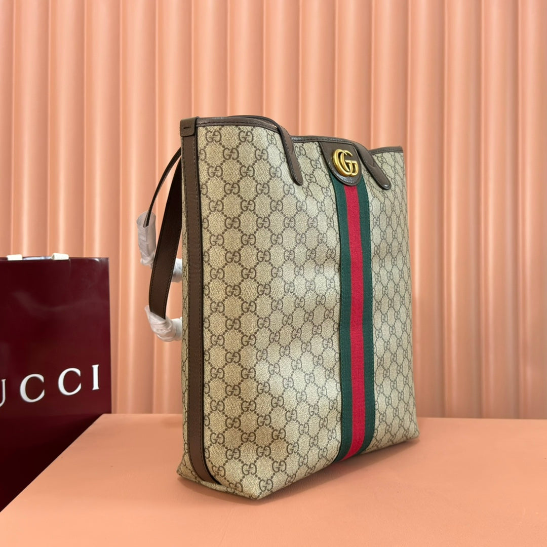 Gucci Ophidia Tote Bag 36 Brown In Interwoven Coated Fabric 285040