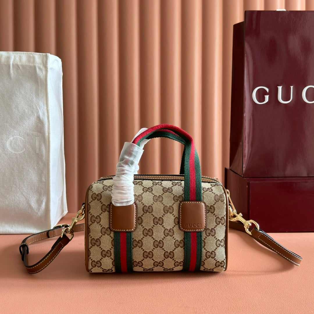 Gucci Mini 20 Handbag Dark Brown Beige In GG Monogram Coated Fabric 285246