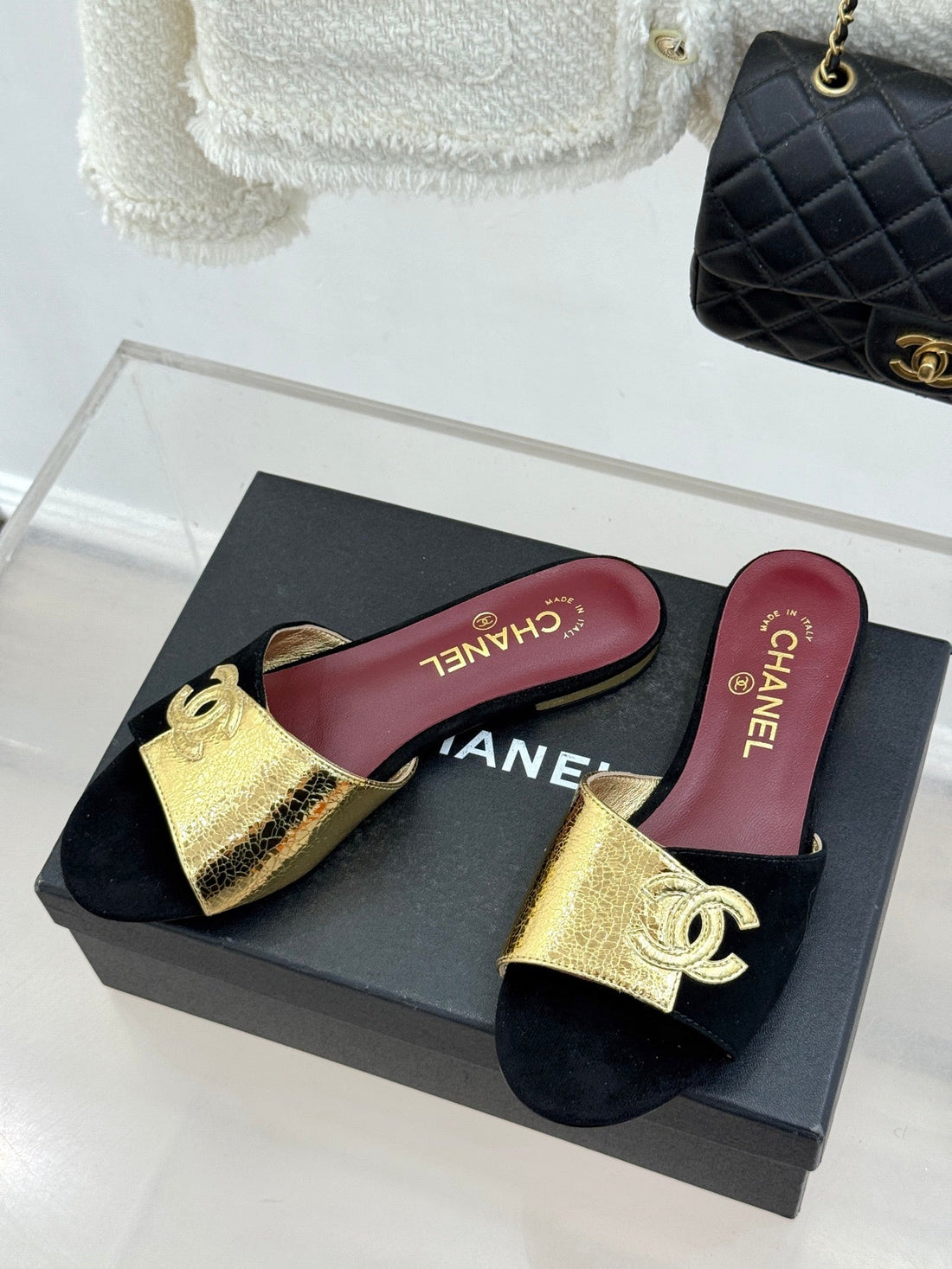 CC 26S Double C Patchwork Sandal Black Gold In Custom Leather 706373
