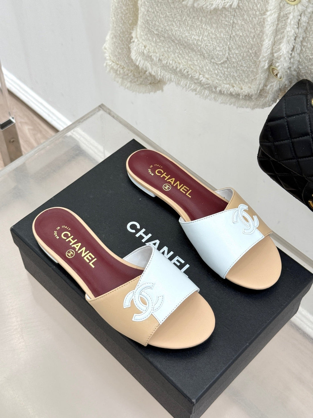 CC 26S Double C Patchwork Sandal Beige White In Cowhide 706370
