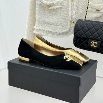 CC 26S Double C Patchwork Ballet Flat Gold Black In Customized Leather 706369