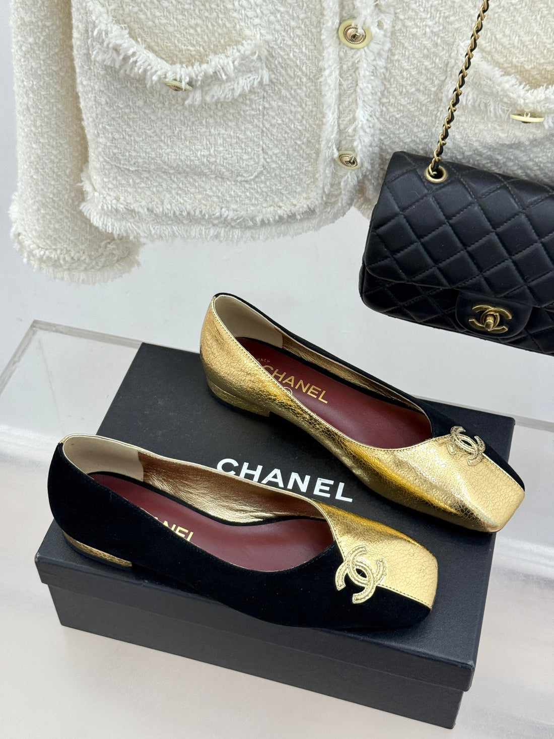 CC 26S Double C Patchwork Ballet Flat Gold Black In Customized Leather 706369