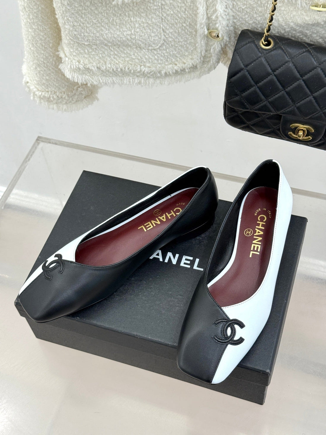 CC 26S Double C Patchwork Ballet Flat Black White In Cowhide 706366