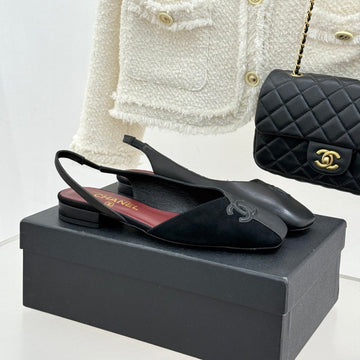Chanel 26SS Color-Blocked Slingback Black Gray In Deerskin Cowhide 706359