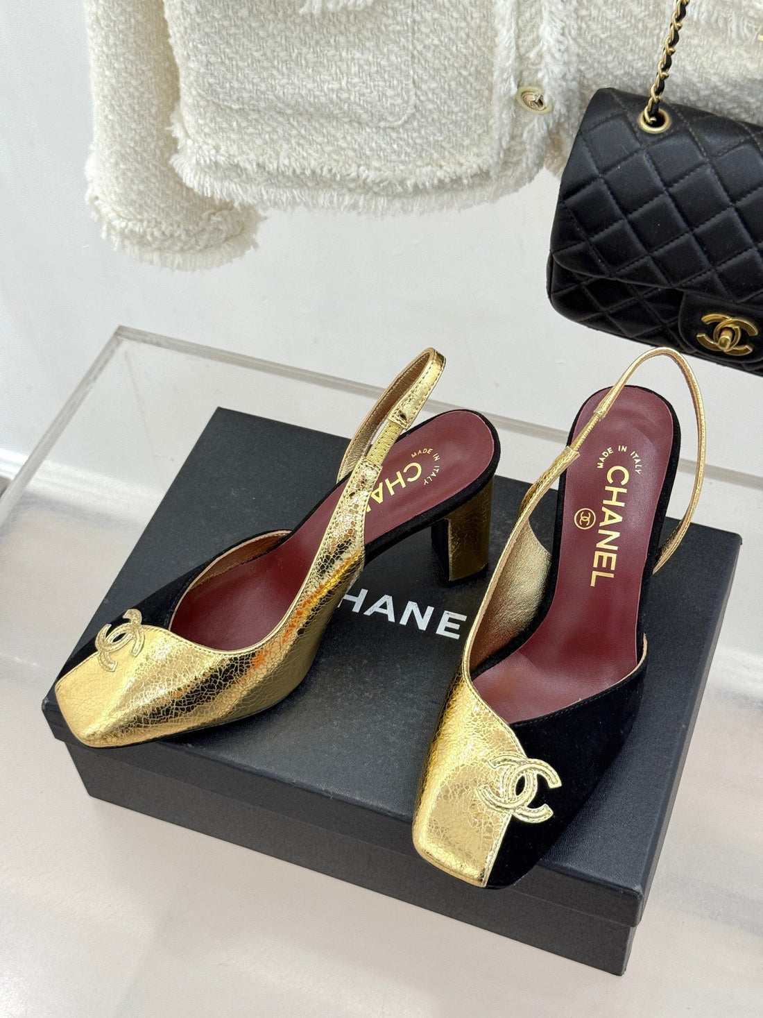 Chanel 26S Slingback 85MM Gold Black In Customized Leather 706357