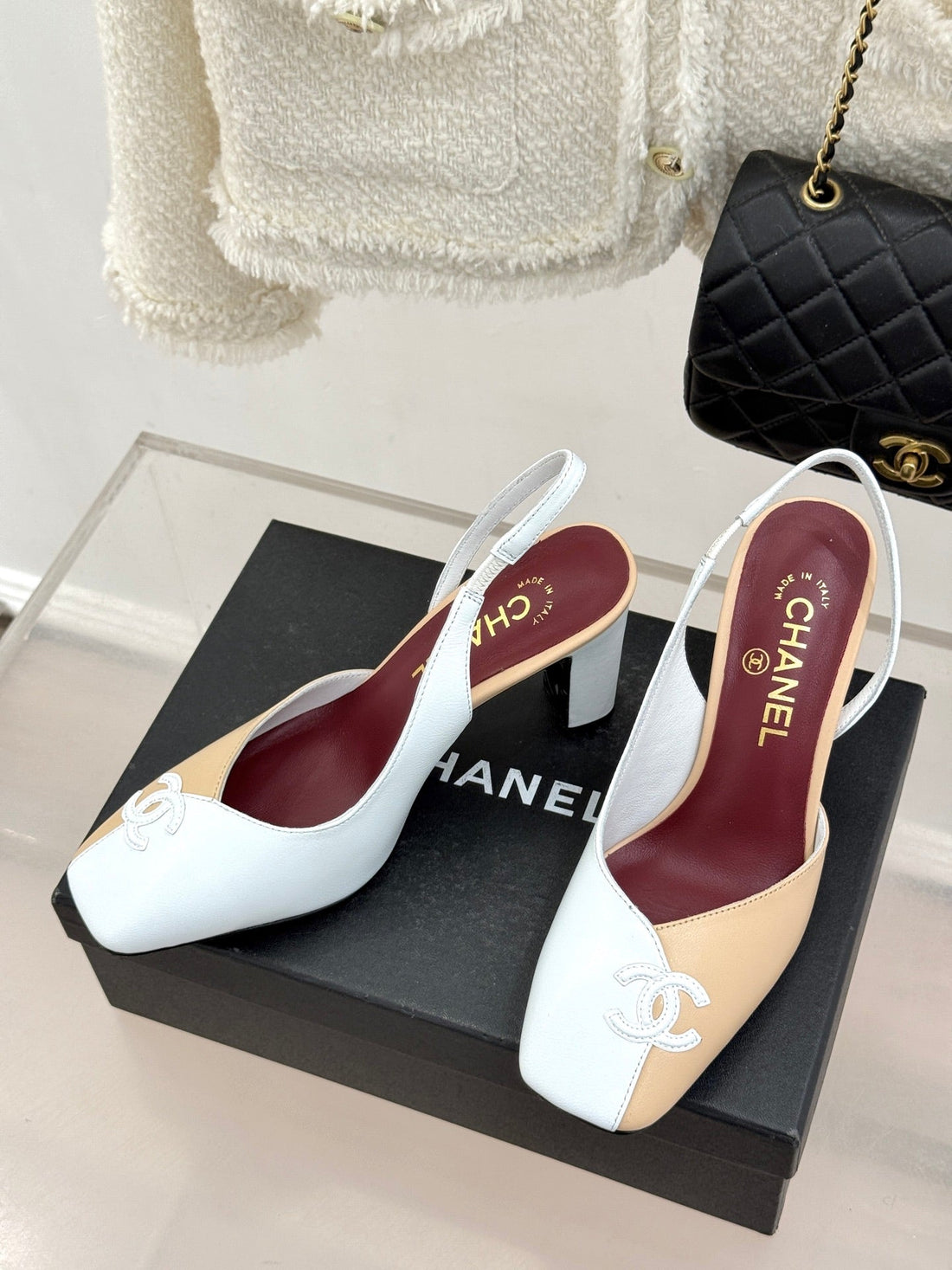 Chanel 26S Slingback 85MM Beige White In Cowhide 706355