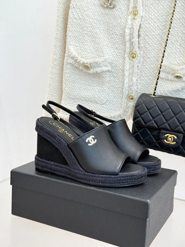 Chanel 26P Double C Rope Wedge Peep Toe Sandals Black In 706353