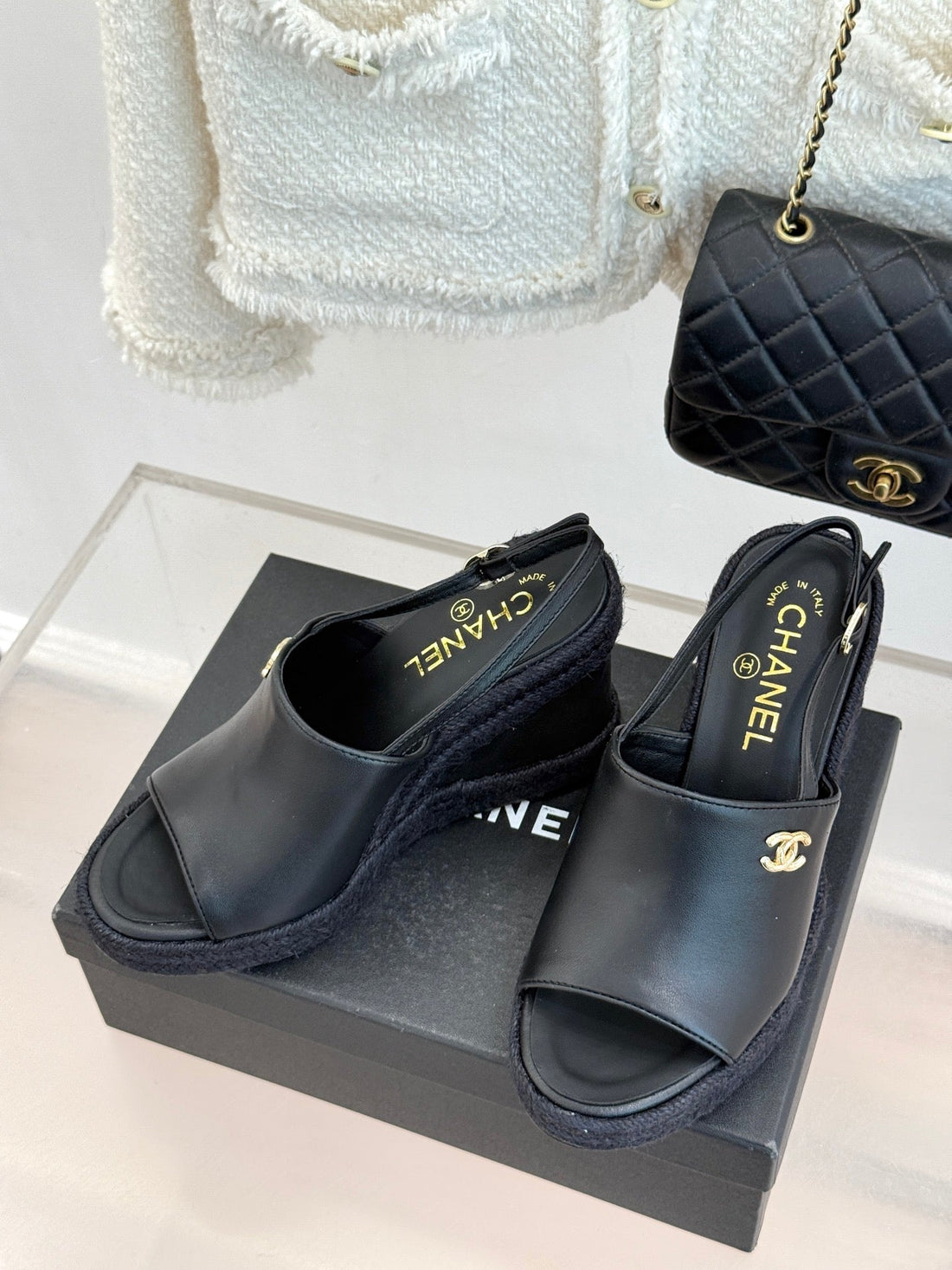 Chanel 26P Double C Rope Wedge Peep Toe Sandals Black In 706353