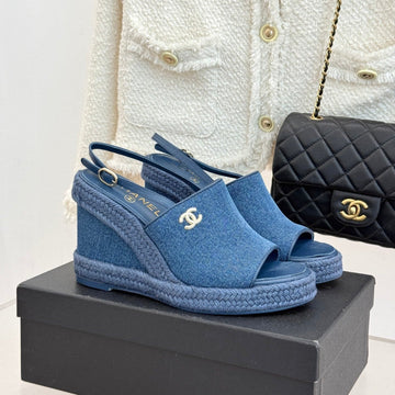 Chanel 26P Double C Rope Wedge Peep Toe Sandals Blue In Denim 706352