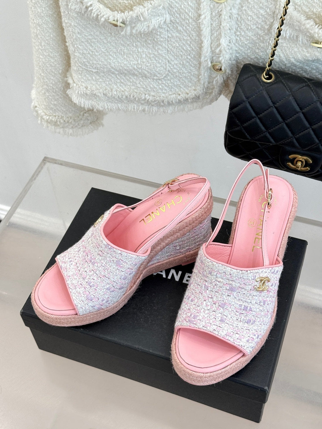 Chanel 26P Double C Rope Wedge Peep Toe Sandals Pink In Knit 706351
