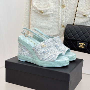 Chanel 26P Double C Rope Wedge Peep Toe Sandals Mint Green In Knit 706350