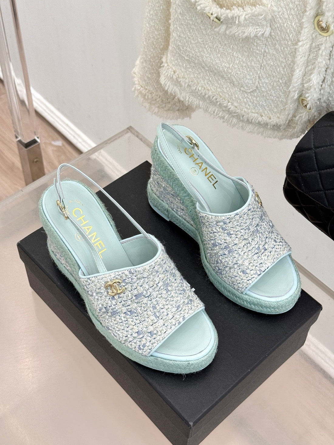 Chanel 26P Double C Rope Wedge Peep Toe Sandals Mint Green In Knit 706350