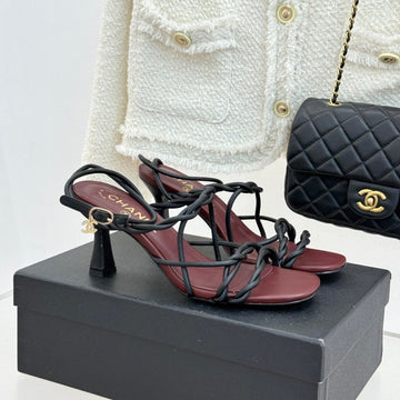 CC 26P Double C Strappy Square Toe High-Heeled 70 Sandals Burgundy In Cowhide 706348