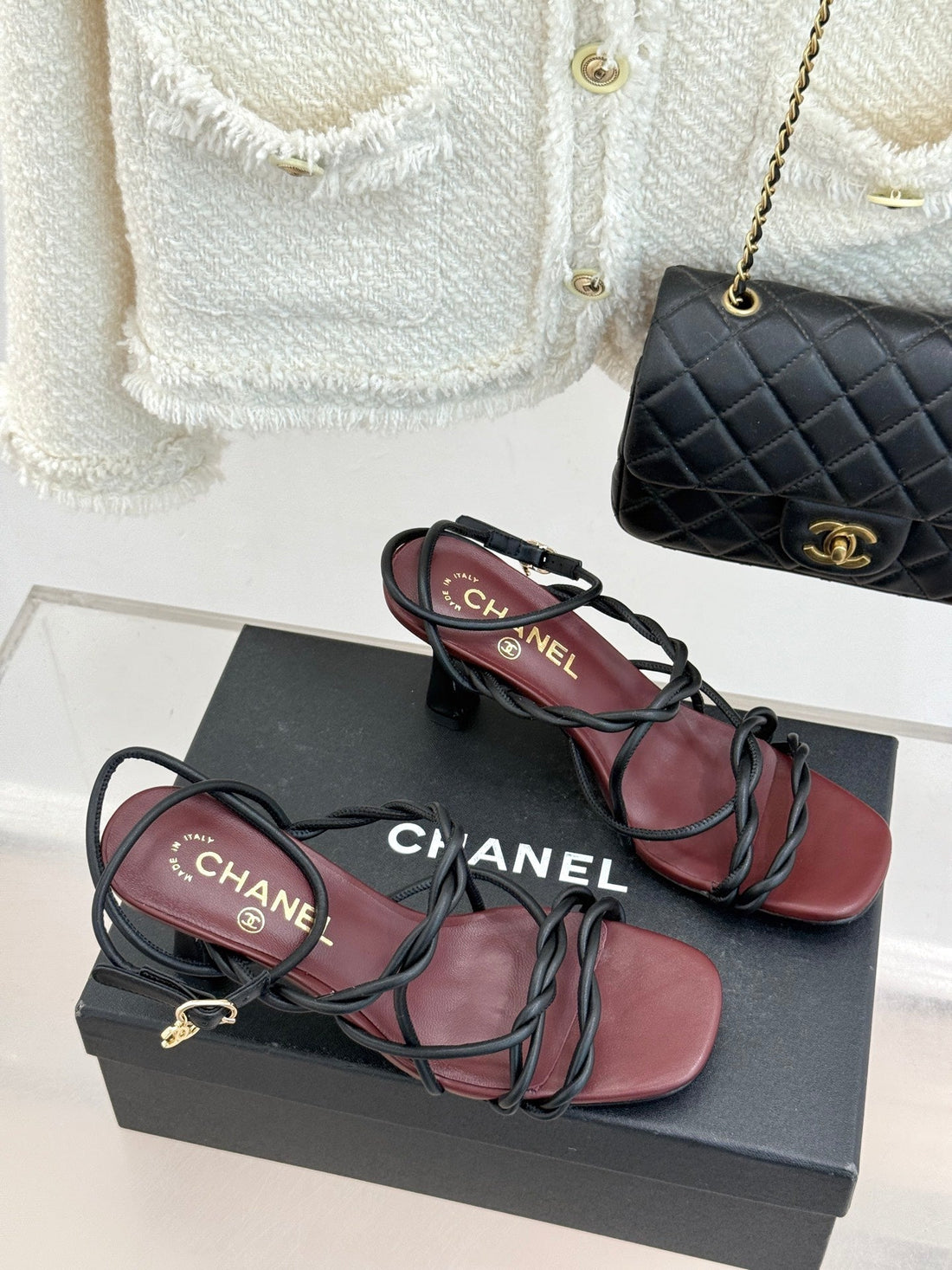 CC 26P Double C Strappy Square Toe High-Heeled 70 Sandals Burgundy In Cowhide 706348