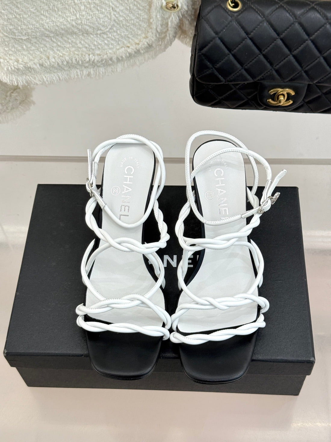 CC 26P Double C Strappy Square Toe High-Heeled 70 Sandals White In Cowhide 706347
