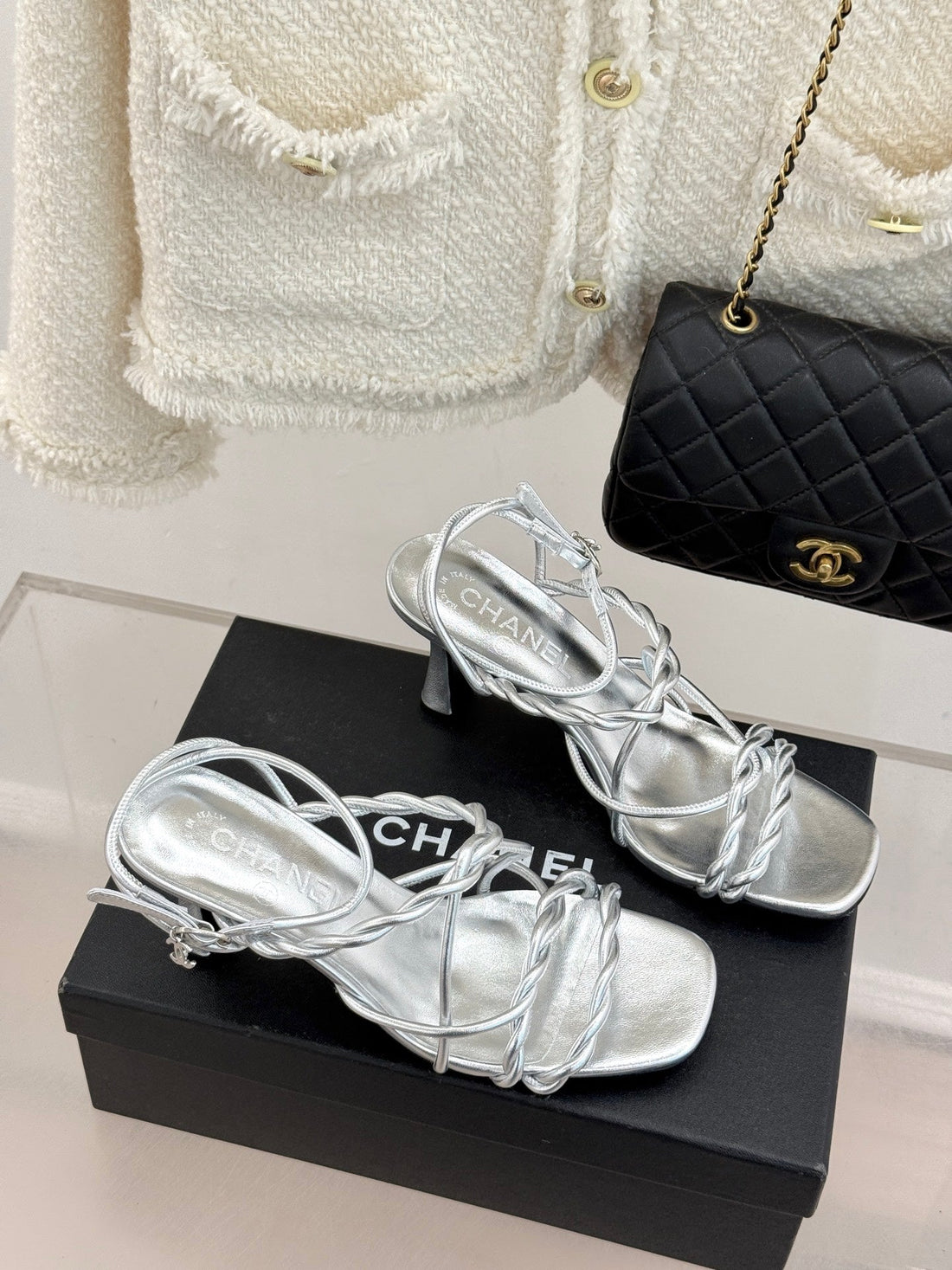 CC 26P Double C Strappy Square Toe High-Heeled 70 Sandals Silver In Cowhide 706346