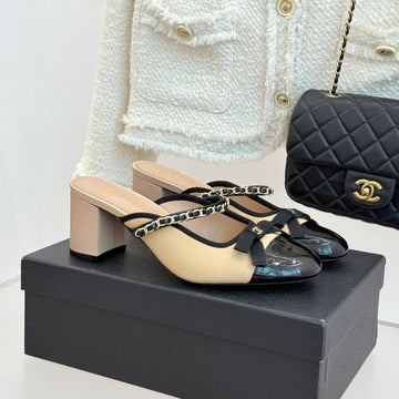 Chanel Double C Bow Chain Slingback Beige Black In Cowhide 717778