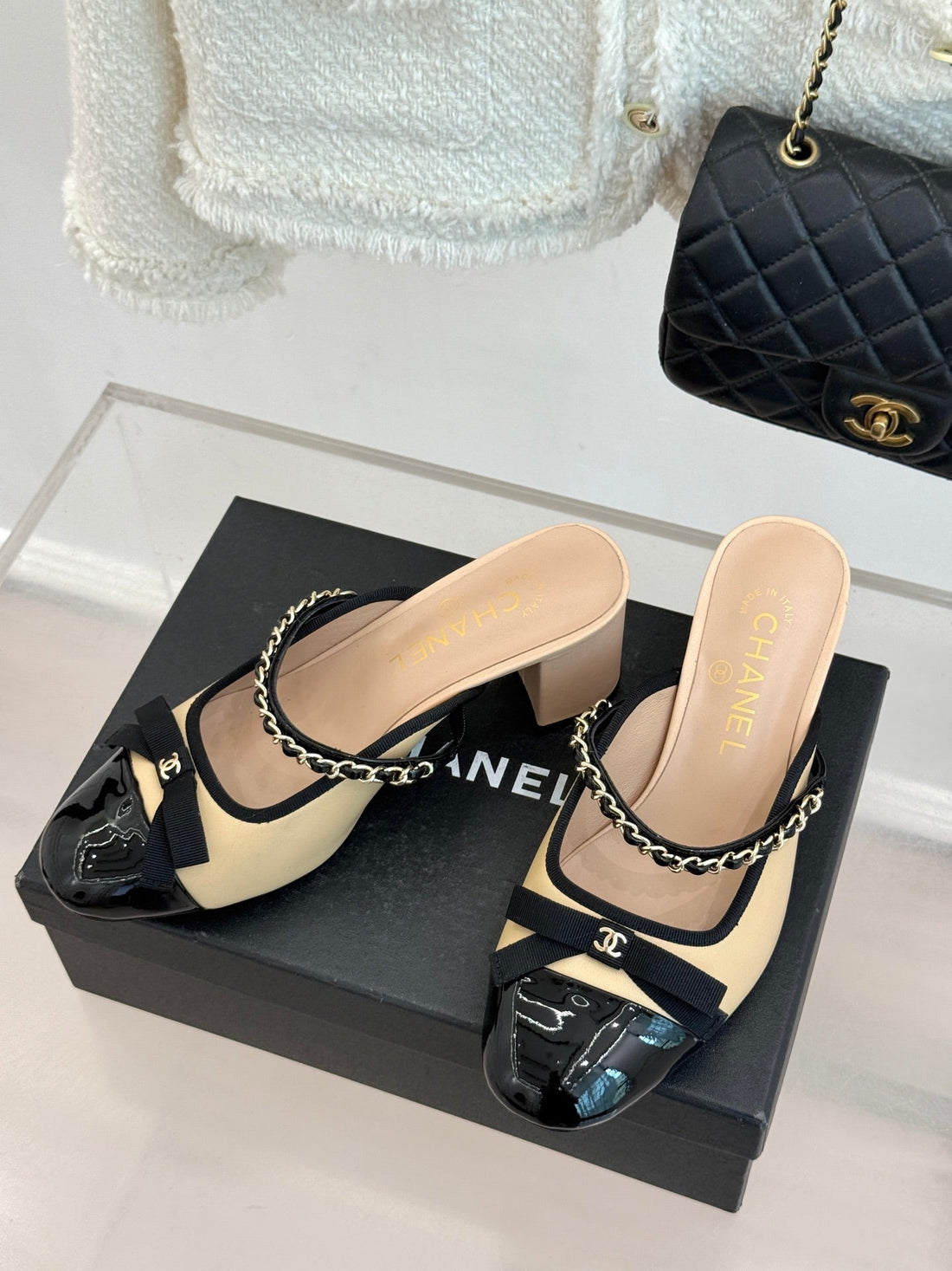 Chanel Double C Bow Chain Slingback Beige Black In Cowhide 717778
