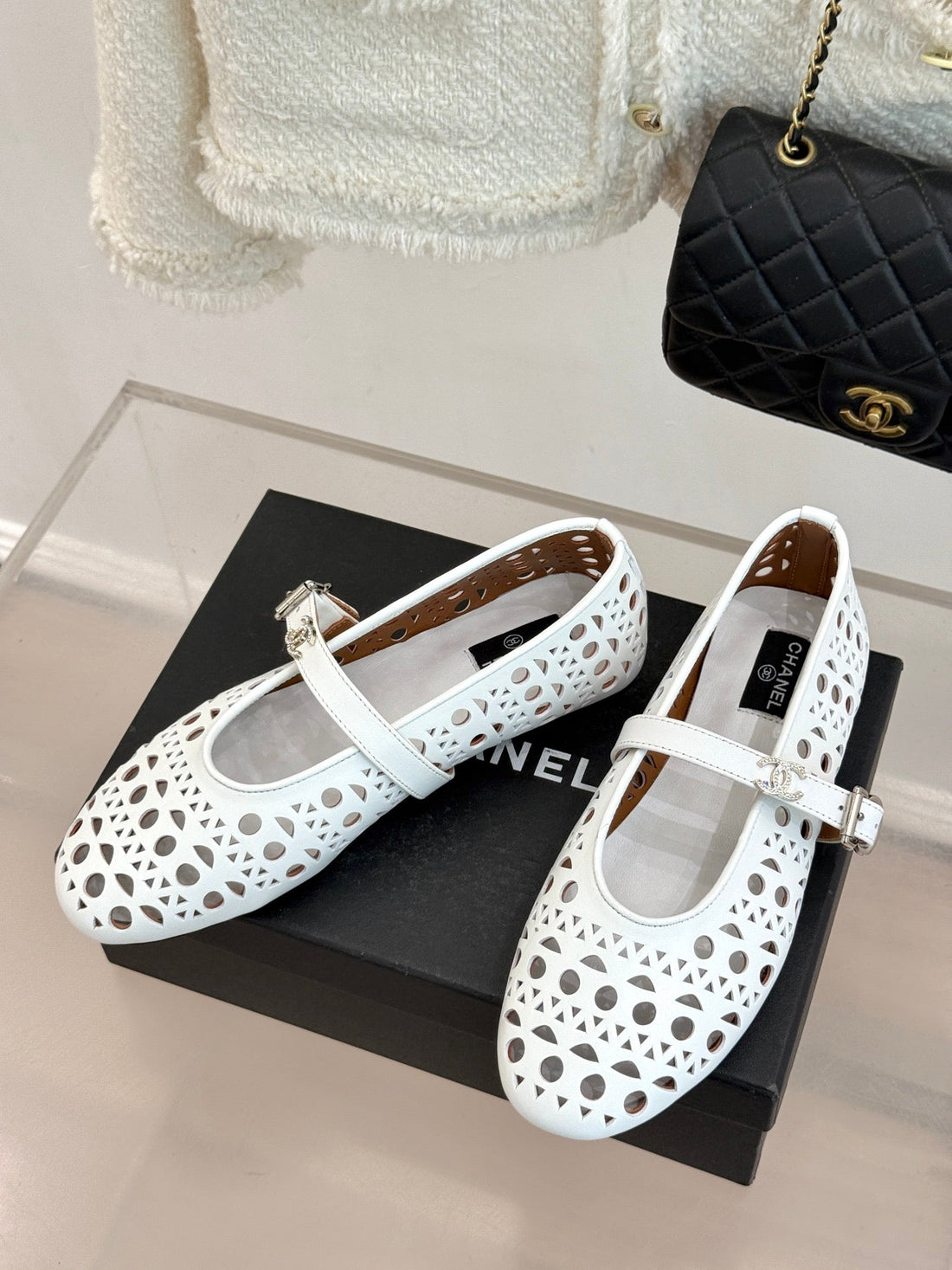 Chanel 26 Classic Double C Perforated Mary Jane Flats White In Cowhide 717777