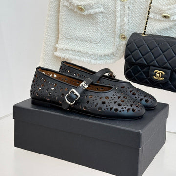 Chanel 26 Classic Double C Perforated Mary Jane Flats Black In Cowhide 717776
