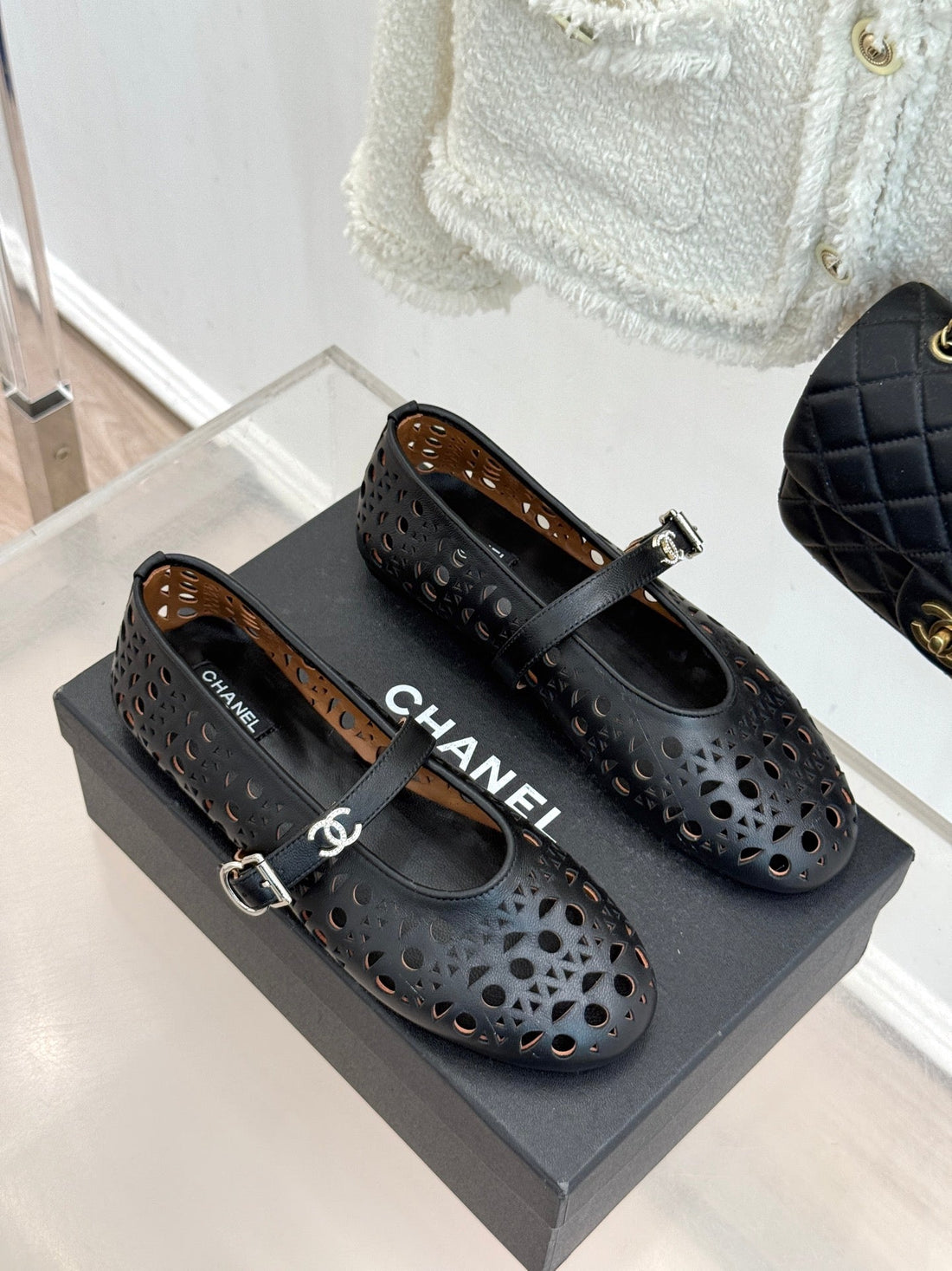 Chanel 26 Classic Double C Perforated Mary Jane Flats Black In Cowhide 717776