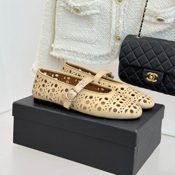 Chanel 26 Classic Double C Perforated Mary Jane Flats Beige In Cowhide 717775