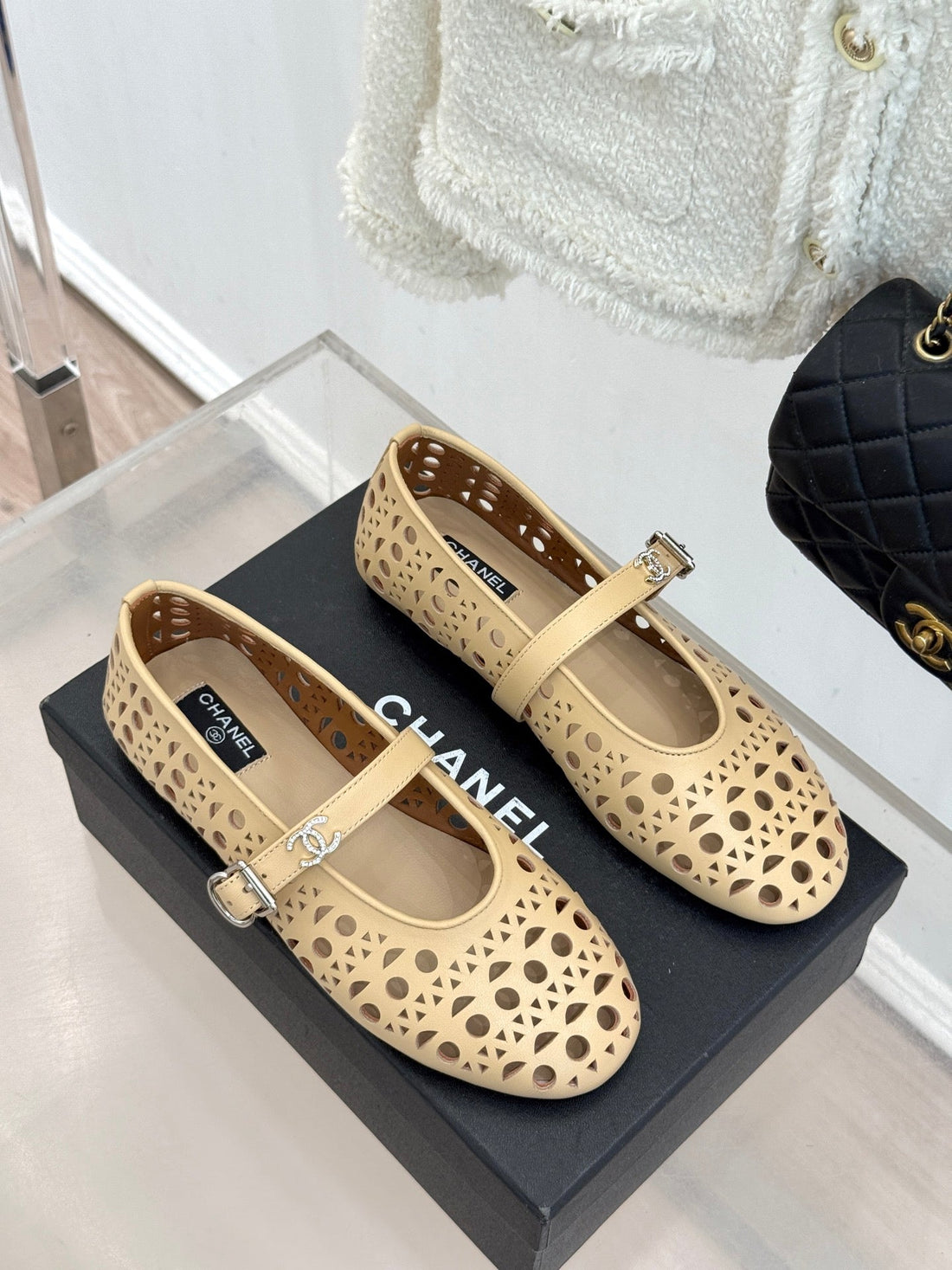 Chanel 26 Classic Double C Perforated Mary Jane Flats Beige In Cowhide 717775