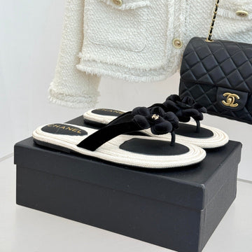 Chanel 26C Camellia Rope-Soled Flip-Flops Black In Velvet 717718