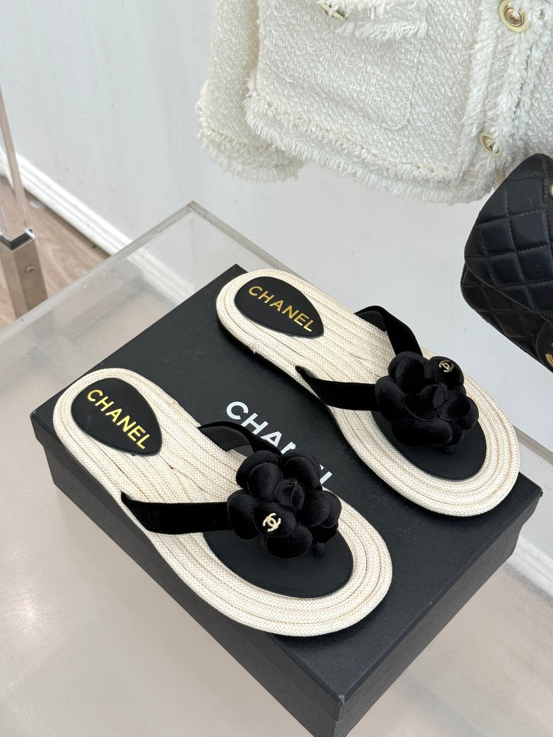 Chanel 26C Camellia Rope-Soled Flip-Flops Black In Velvet 717718