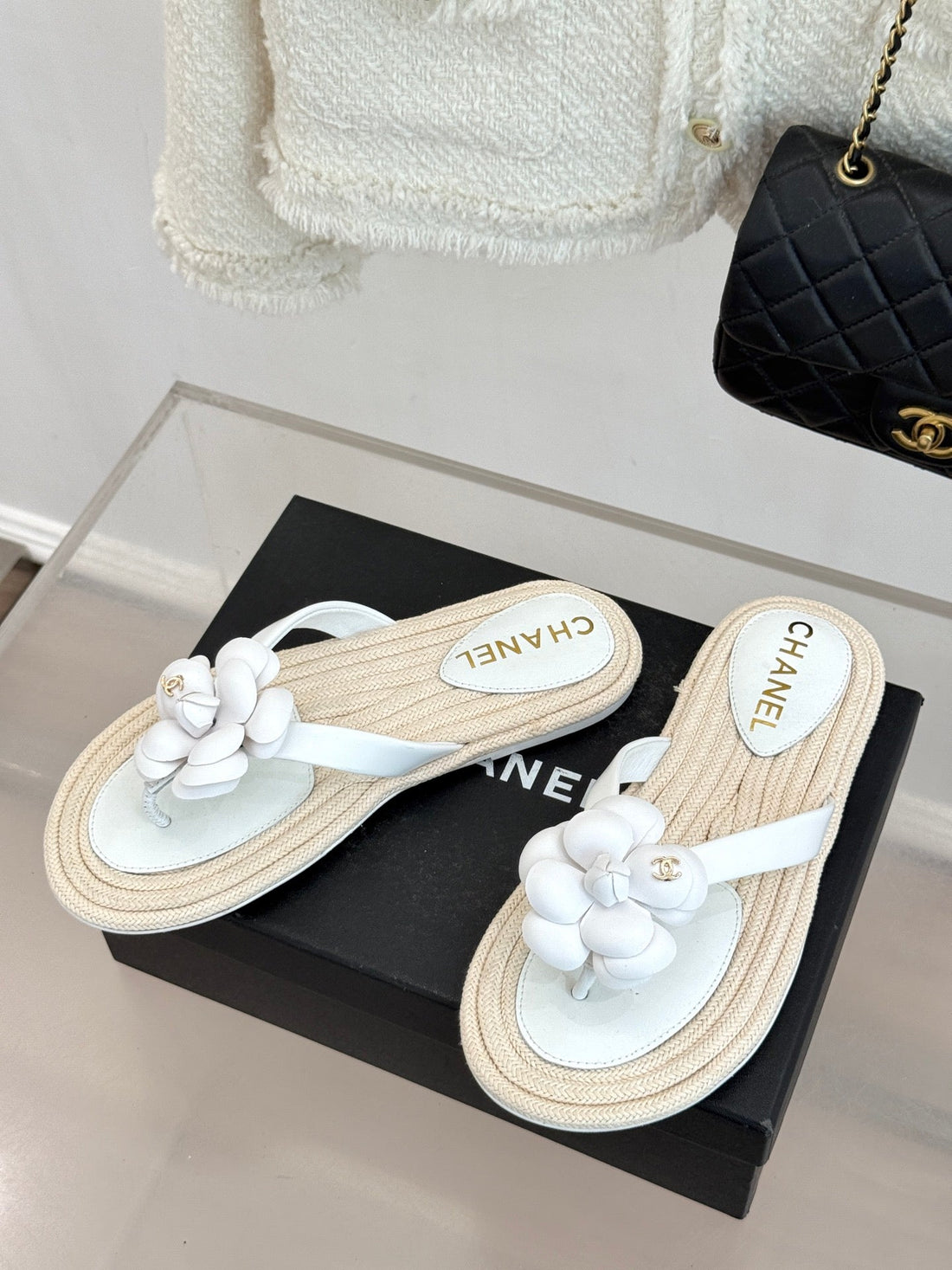 Chanel 26C Camellia Rope-Soled Flip-Flops White In Sheepskin 717717