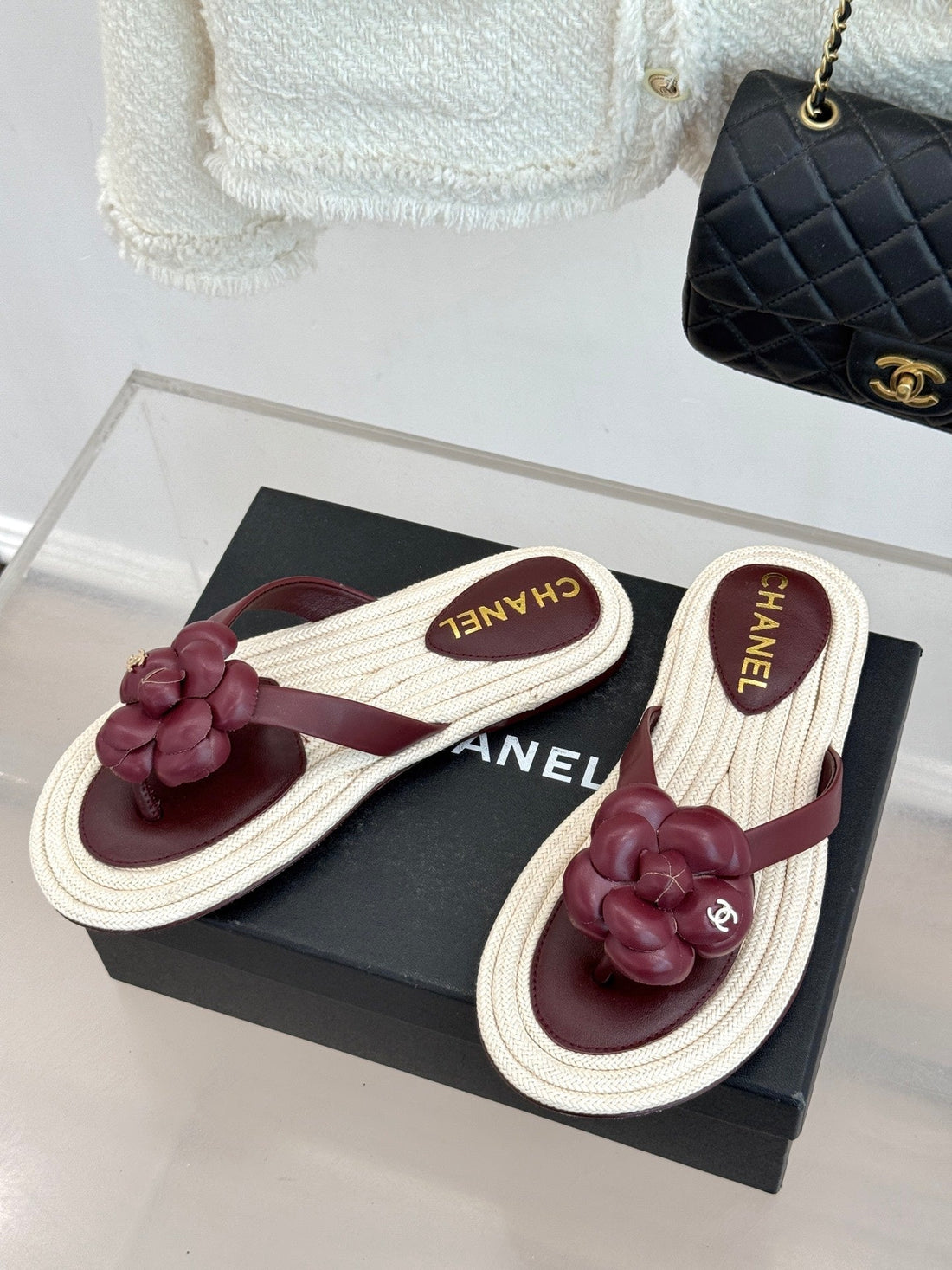 Chanel 26C Camellia Rope-Soled Flip-Flops Burgundy In Sheepskin 717716
