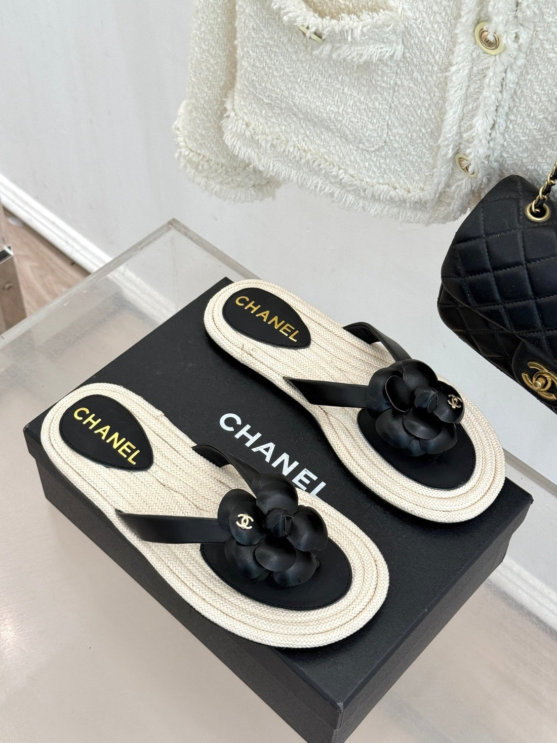 Chanel 26C Camellia Rope-Soled Flip-Flops Black In Sheepskin 717715