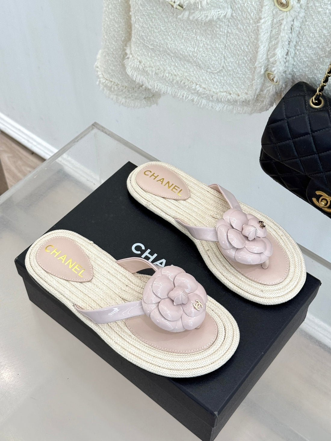 Chanel 26C Camellia Rope-Soled Flip-Flops Light Pink In Sheepskin 717714