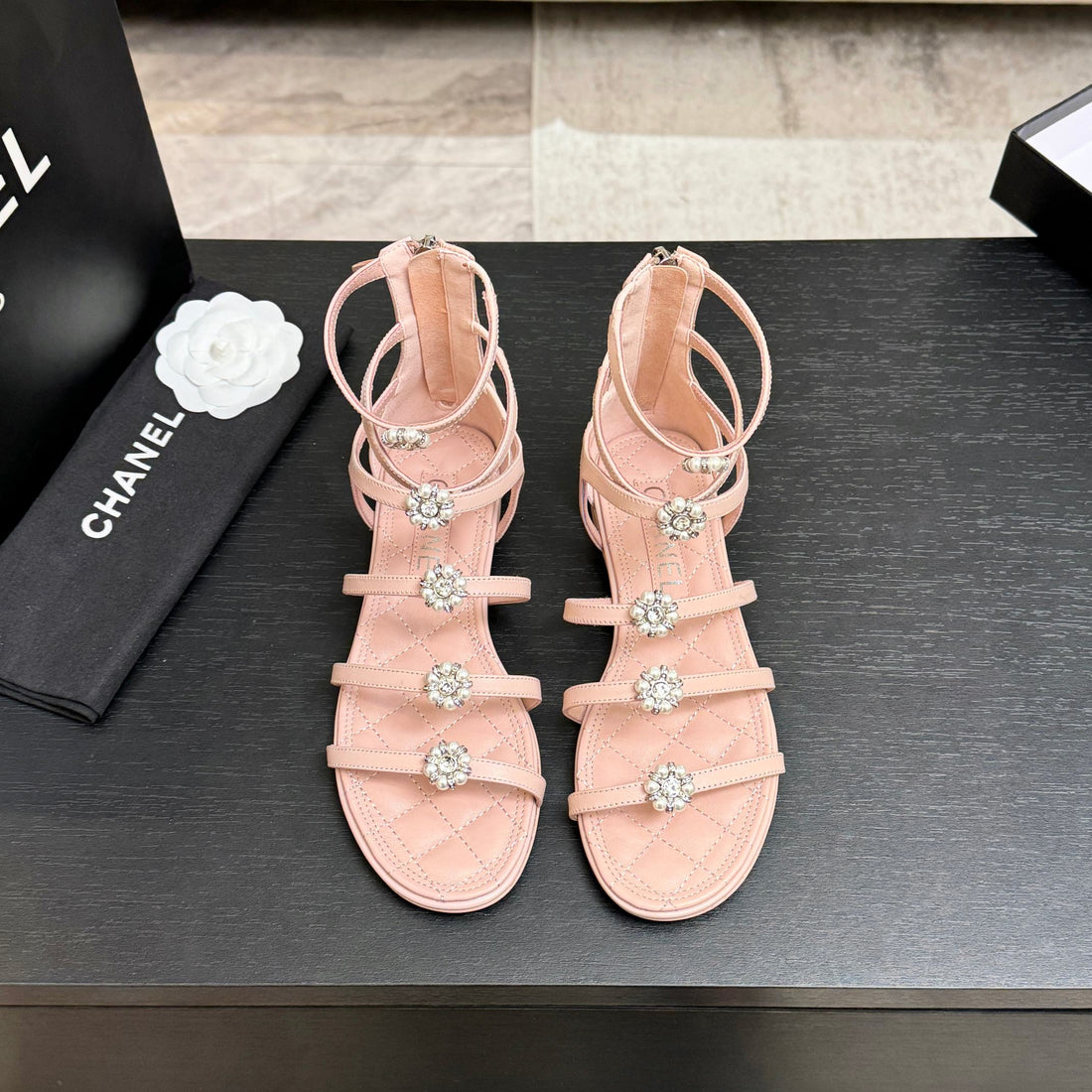 Chanel Camellia Pearl Chunky Heel Sandals Pink In Cowhide Leather 717695